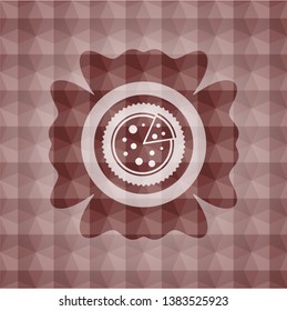 pizza icon inside red emblem or badge with abstract geometric polygonal pattern background. Seamless.