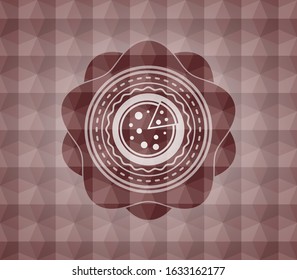 pizza icon inside red emblem with geometric background. Seamless.