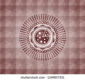 pizza icon inside red seamless emblem or badge with abstract geometric pattern background.