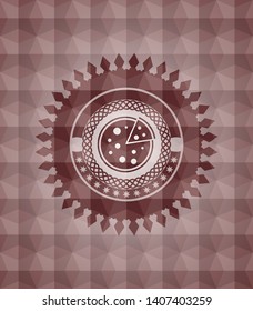 pizza icon inside red seamless emblem with geometric pattern.
