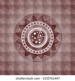 pizza icon inside red seamless emblem with geometric pattern.