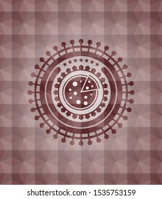 pizza icon inside red seamless emblem with geometric pattern.