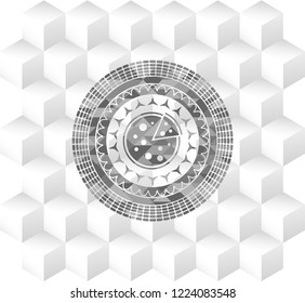 pizza icon inside retro style grey emblem with geometric cube white background