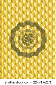 pizza icon inside shiny golden badge. Scales pattern. Vector Illustration. Detailed. 