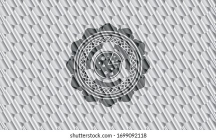 pizza icon inside shiny silver badge. Scales pattern. Vector Illustration. Detailed.