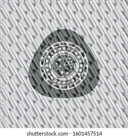 pizza icon inside silver badge or emblem. Scales pattern. Vector Illustration. Detailed.