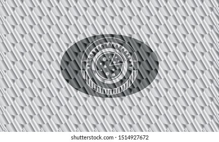 pizza icon inside silver shiny badge. Scales pattern. Vector Illustration. Detailed.