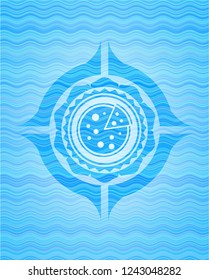 pizza icon inside sky blue water wave style badge.