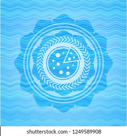 pizza icon inside sky blue water emblem background.
