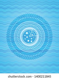 pizza icon inside sky blue water wave style badge.