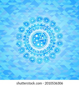 pizza icon inside sky blue emblem. Mosaic background. 