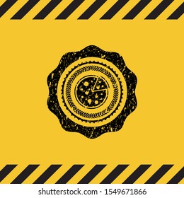 pizza icon inside warning sign, black grunge emblem. Vector Illustration. Detailed.