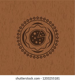 pizza icon inside wooden emblem