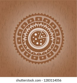 pizza icon inside wooden emblem