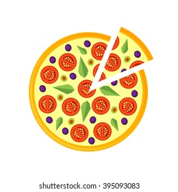 Pizza Icon isolated on a white background. Pizza slice with cheese, tomatoes, basil and olives. Vector illustration.