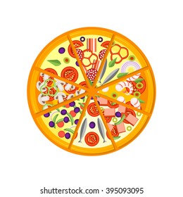 Pizza Icon isolated on a white background. Pizza slice with cheese, tomatoes, basil, shrimp, anchovies and mushrooms. Vector illustration.