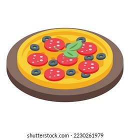 Pizza icon isometric vector. Wooden board. Wood kitchen