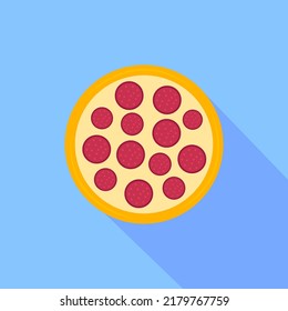 Pizza icon with long shadow. Colored pizza icon in flat design. Street food icon isolated on blue background. Logo pizza for menu pizzeria, cafeteria. Vector illustration for web design