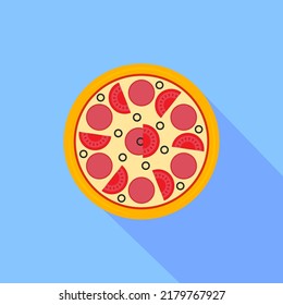 Pizza icon with long shadow. Colored pizza icon in flat design. Street food icon isolated on blue background. Logo pizza for menu pizzeria, cafeteria. Vector illustration for web design