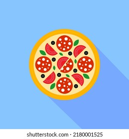 Pizza icon with long shadow. Colored pizza icon in flat design. Street food icon isolated on blue background. Logo pizza for menu pizzeria, cafeteria. Vector illustration for web design