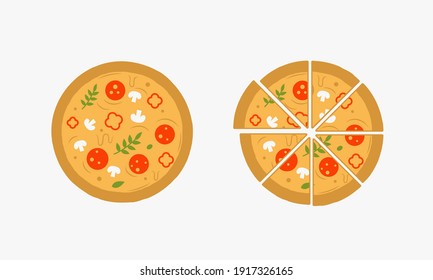Pizza icon. Minimal round pizza icons. Fast food meal. Element for logo, badge, label design. Vector illustration
