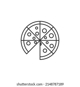 Pizza icon with one separate slice. Thin line illustration. Contour symbol. Isolated vector line image. The vector illustration icon can be used for a food app, website or part of a restaurant logo.