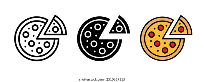 Ícone da pizza. Símbolo de fatia de Pepperoni. Ilustração de vetor de pizza de salame italiano. Sinal de fast food. Logotipo da pizzaria do círculo do queijo e do tomate. Conceito isolado de refeição.