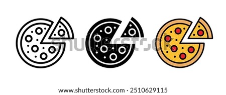 Pizza icon. Pepperoni slice symbol. Italian salami pizza vector illustration. Fast food sign. Cheese and tomato circle pizzeria logo. Meal isolated concept.