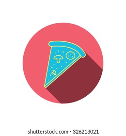 Pizza icon. Piece of Italian bake sign. Red flat circle button. Linear icon with shadow. Vector