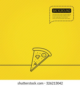 Pizza icon. Piece of Italian bake sign. Speech bubble of dotted line. Orange background. Vector