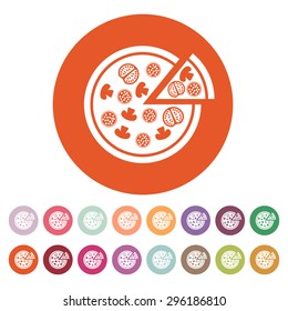The pizza icon. Pizzeria and baking, fast food symbol. Flat Vector illustration. Button Set