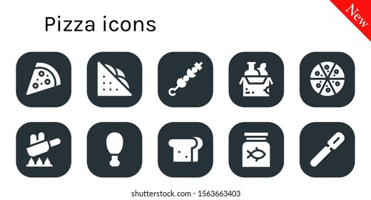 pizza icon set. 10 filled pizza icons.  Collection Of - Pizza, Sandwich, Brochette, Food, Fry, Fried chicken, Fish food, Peeler icons