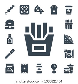 pizza icon set. 17 filled pizza icons.  Collection Of - Brochette, Food, French fries, Peeler, Sandwich, Pizza, Snack, Fish food, Fried chicken, Take away, Fast food