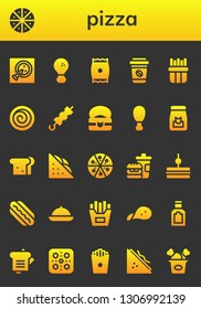 pizza icon set. 26 filled pizza icons.  Simple modern icons about  - Pizza, Fried chicken, Snack, Take away, French fries, Cinnamon roll, Brochette, Food, Sandwich, Fast food