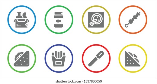 pizza icon set. 8 filled pizza icons.  Collection Of - Food, Sandwich, Fish food, French fries, Pizza, Peeler, Brochette