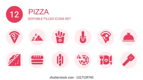 pizza icon set. Collection of 12 filled pizza icons included Pizza, Sandwich, Fries, cutter, Hotdog, Food, Foods, Slotted spoon
