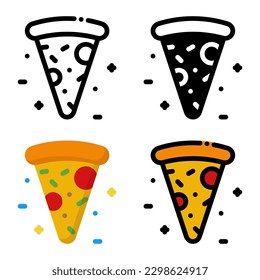 Pizza icon set. Colorful cartoon pizza icon. Pizza slice icon. Pizza logo. Fast food symbol. Vector illustration