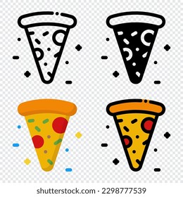 Pizza icon set. Colorful cartoon pizza icon. Pizza slice icon. Pizza logo. Fast food symbol. Vector illustration
