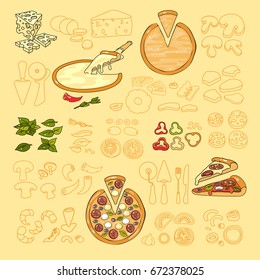 Pizza icon. Set of cute various pizza ingredient  icons. Vector illustration. Colorful and outline vegetable, seafood and tools for pizza isolated on light background.
