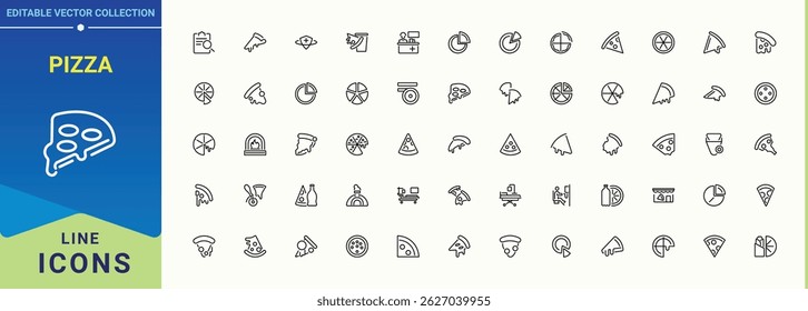 Pizza icon set. Fast Food icon set. Minimalist icons collection. Related to restaurant, pizzeria, meal, pie, menu and more. Editable stroke. Vector collection.