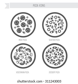 Pizza icon set. Meat, seafood, vegetarian, desert pizza.