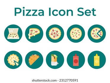 Pizza icon Set pack flat icons include pizza box, slice, ketchup and mayonnaise icons Vector Eps file