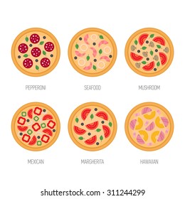 Pizza icon set. Pepperoni, mushroom, seafood, mexican, margherita, hawaiian pizza. Flat style vector illustration.