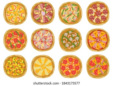 Pizza icon set. Top view. Different Italian pizzas for menu design: pepperoni, hawaiian, cheese, margarita, marinara, vegetarian. Vector illustration.