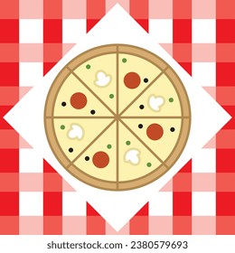 pizza icon, slice, chechered tablecloth, vector illustration 