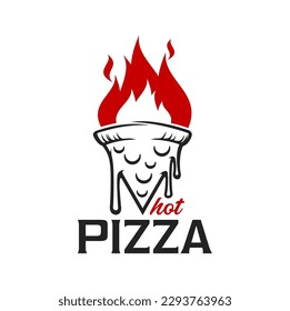 Pizza icon, street food symbol. Takeaway cafe menu icon, Italian cuisine bakery delivery service or pizzeria restaurant dish vector symbol or emblem with fire flames, pizza piece, melting cheese