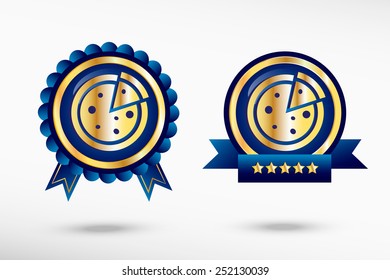Pizza icon stylish quality guarantee badges. Blue colorful promotional labels