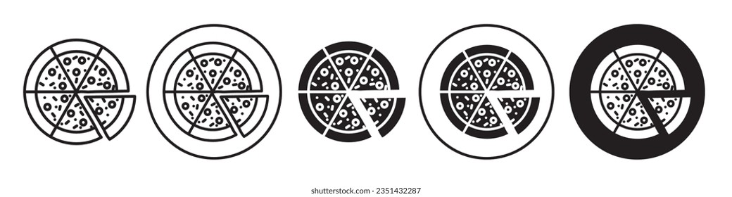 Pizza Icon. Symbol of Italian pepperoni slice with toppings. Vector set of pizza piece cut round sign. Flat outline of pizzeria food at cafe.