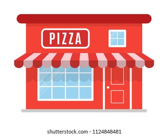 Pizza  icon.  Symbol, shop, store. Sign in red color . The facade of the building is in a flat style. A stylish geometric image. Vector illustration isolated on white background.