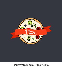 Pizza icon with text on the ribbon on dark background. Vector illustration
